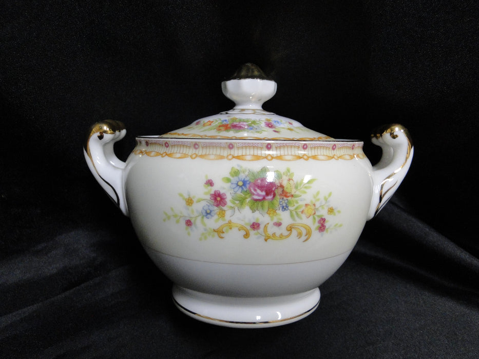 Gold China GOC10, Flowers, Tan & Purple Edge: Sugar Bowl & Lid, 4 5/8", As Is