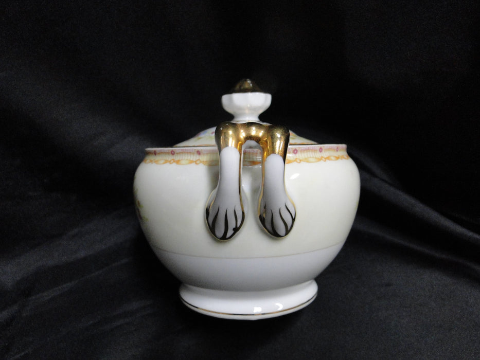 Gold China GOC10, Flowers, Tan & Purple Edge: Sugar Bowl & Lid, 4 5/8", As Is