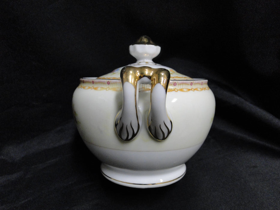 Gold China GOC10, Flowers, Tan & Purple Edge: Sugar Bowl & Lid, 4 5/8", As Is