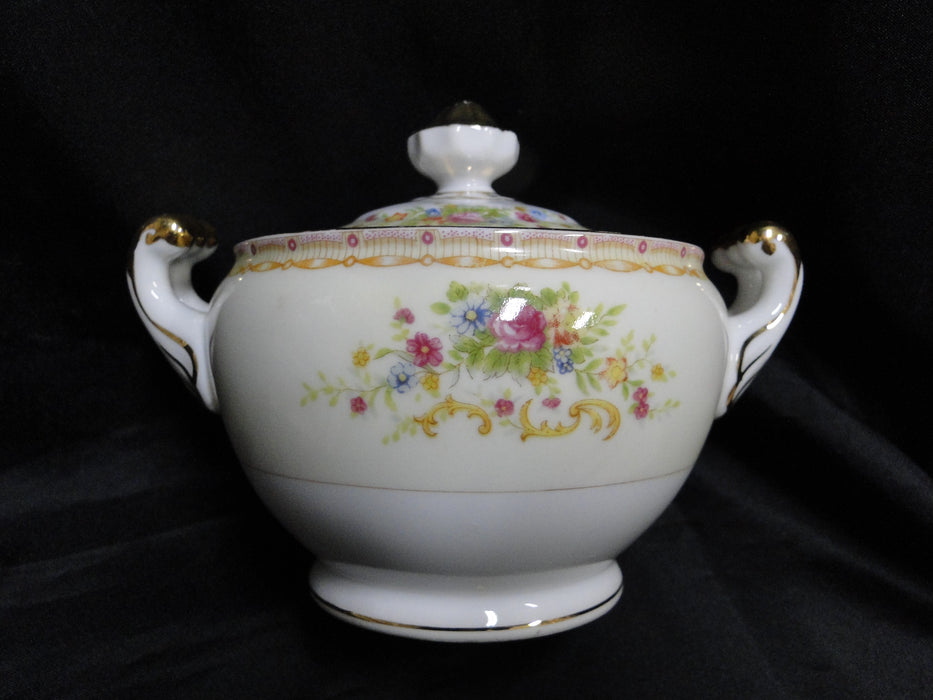 Gold China GOC10, Flowers, Tan & Purple Edge: Sugar Bowl & Lid, 4 5/8", As Is