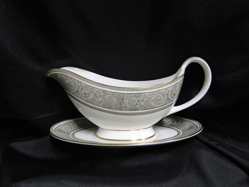 Royal Doulton English Renaissance, Green Scrolls: Gravy Boat w/ Separate Plate