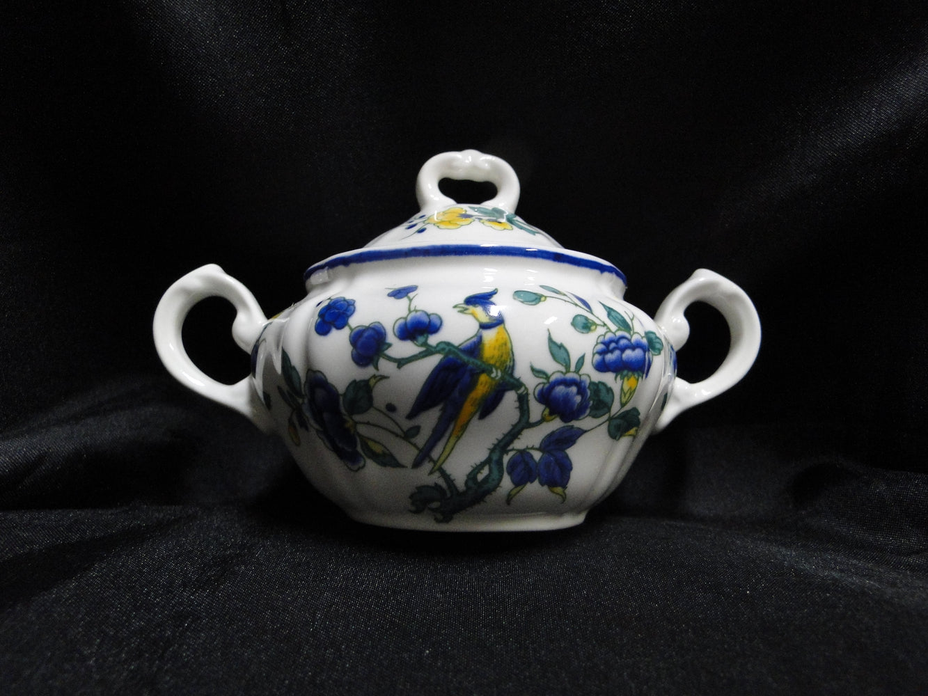 Villeroy & Boch Phoenix Blau, Birds & Florals: Mini Sugar Bowl & Lid, 3" Tall