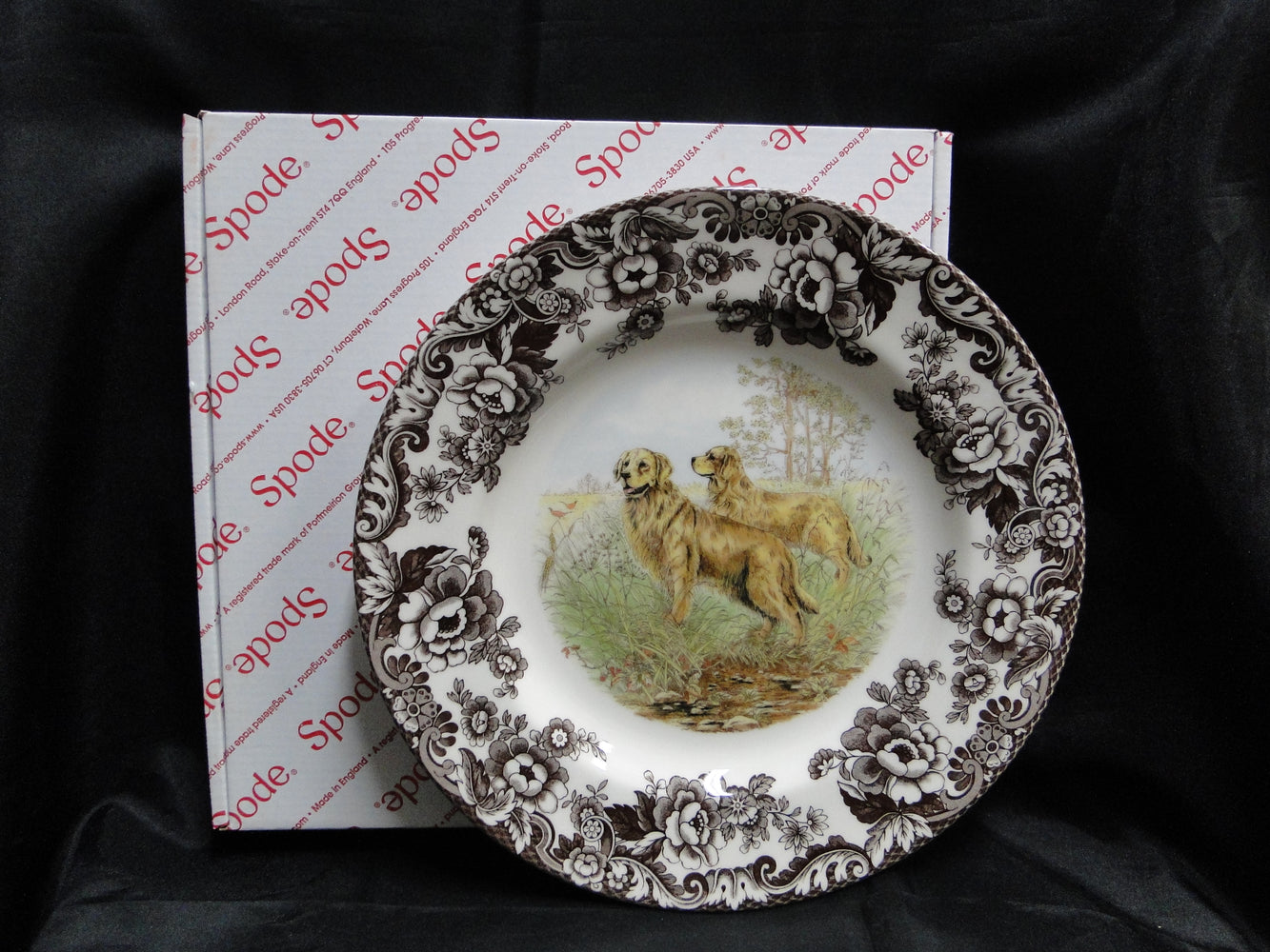 Spode Woodland Golden Retriever Hunting Dog: NEW Dinner Plate, 10 1/2", Box