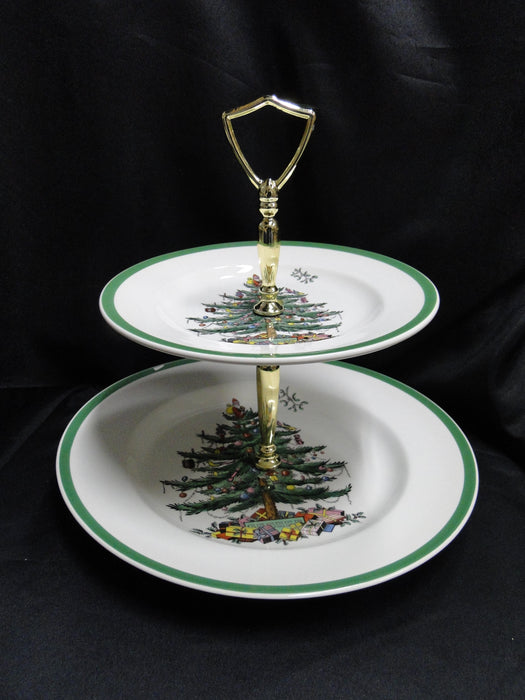 Spode Christmas Tree, Green Trim, England: 2-Tier Serving Tray, Green Trim Loss