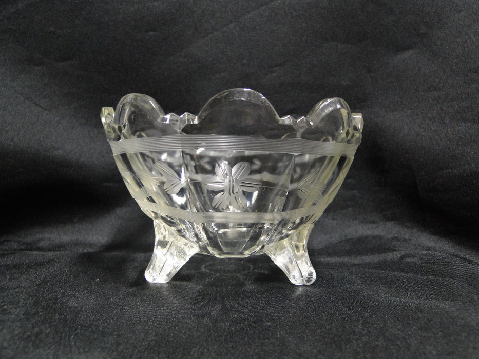 Clear, Etched Flowers: 3-Toed Bowl, 4 1/2" x 2 7/8" Tall  -- MG#014