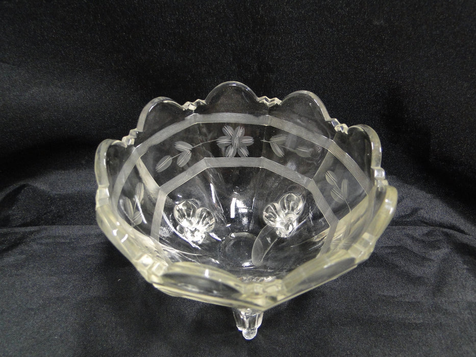 Clear, Etched Flowers: 3-Toed Bowl, 4 1/2" x 2 7/8" Tall  -- MG#014