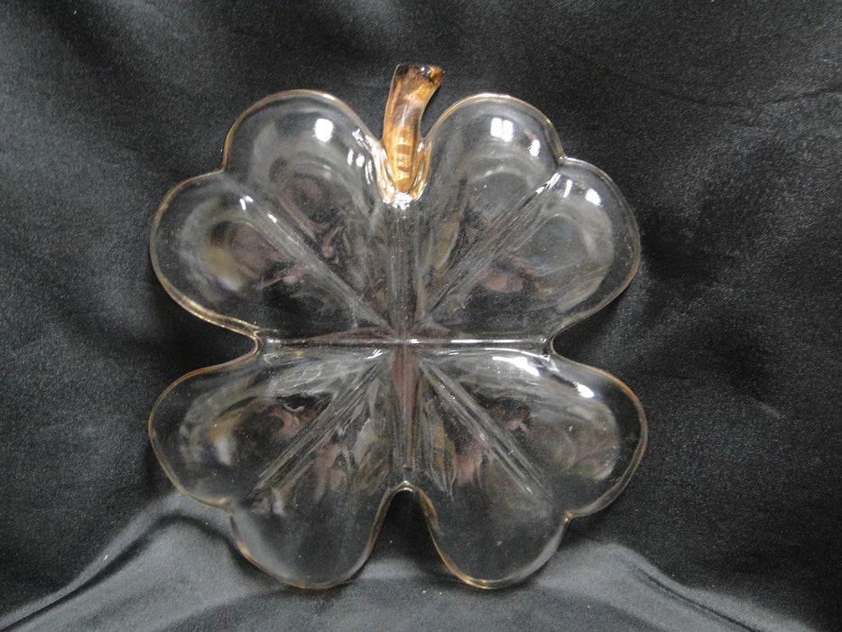 Clear Glass w/ Gold Trim: 4-Leaf Clover Divided Relish Dish & 2 Plates, MG#221