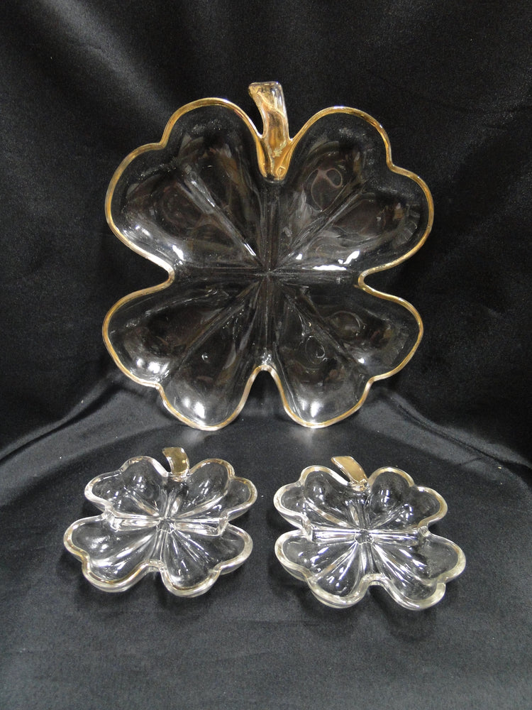 Clear Glass w/ Gold Trim: 4-Leaf Clover Divided Relish Dish & 2 Plates, MG#221