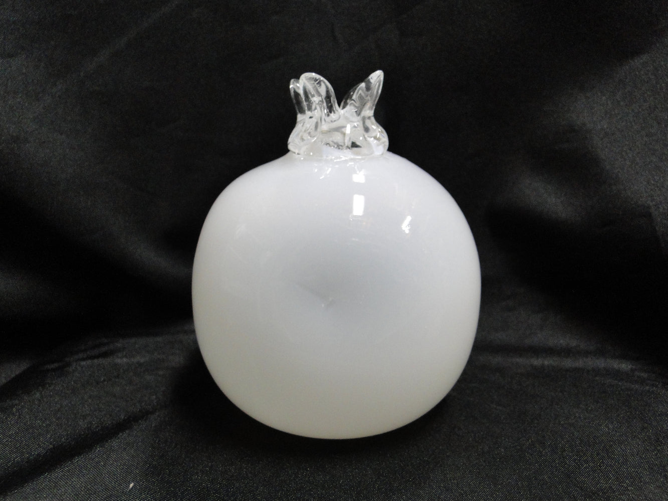 White Glass, Clear Ruffled Top Edge: Balloon Bud Vase, 4 1/4" Tall  --  MG#242