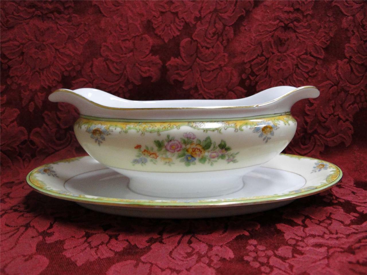 Noritake Multicolored Floral w/ Green & Tan Edge: Gravy Boat w/ Underplate