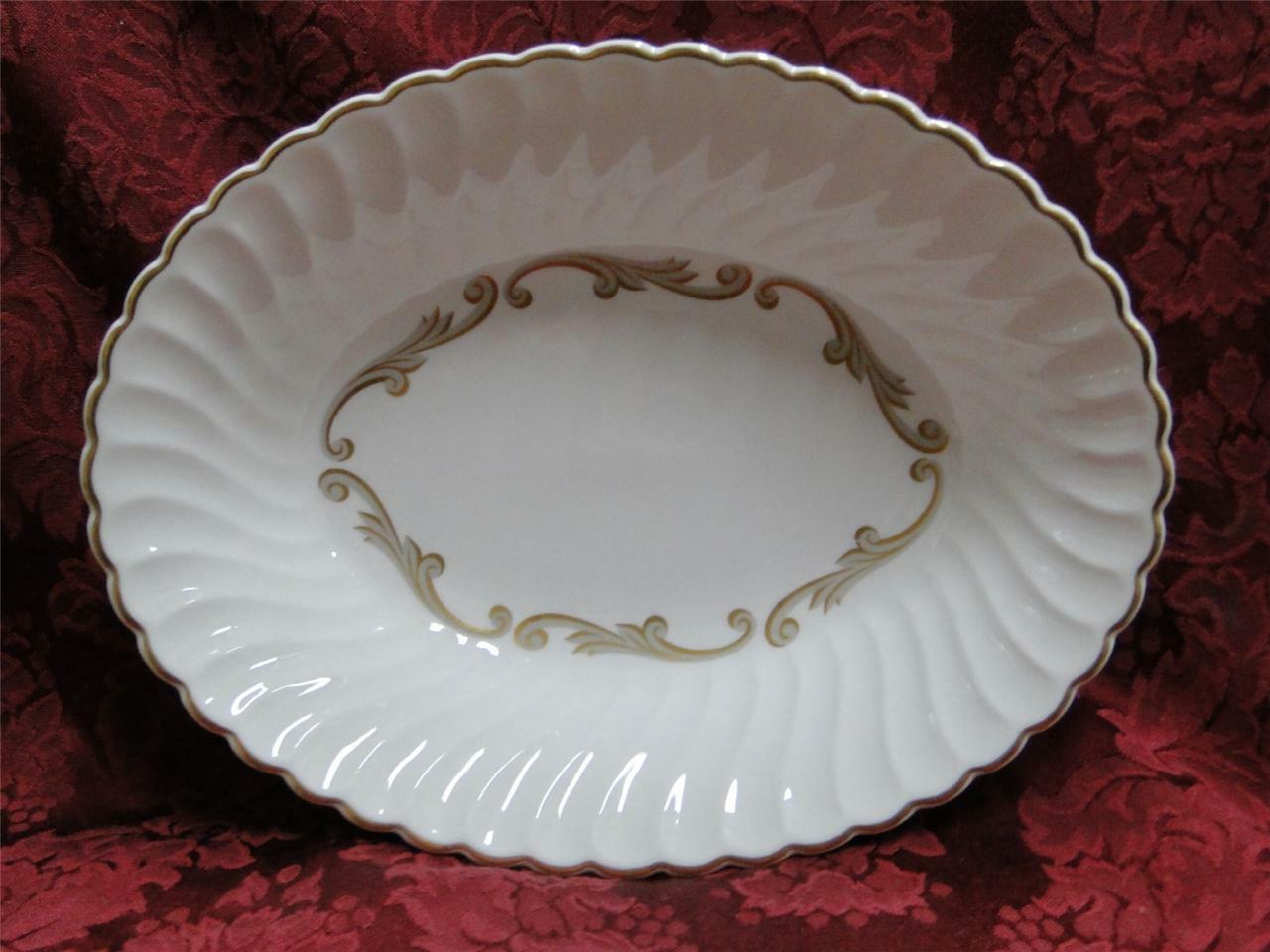 Syracuse Baroque, Gray & Gold Scrolls, Swirl Rim: Oval Serving Bowl, 9 3/4"