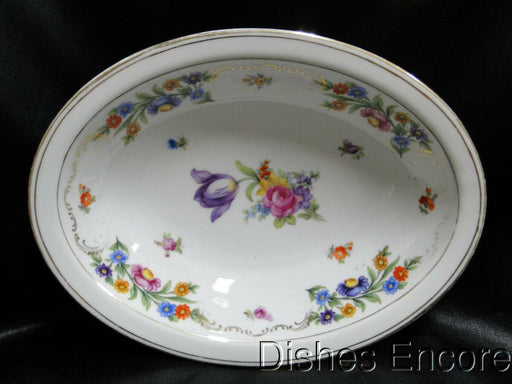 Dresden Style Royal, Floral & Gold Scrolls: Oval Serving Bowl, 9 3/4", Trim Wear