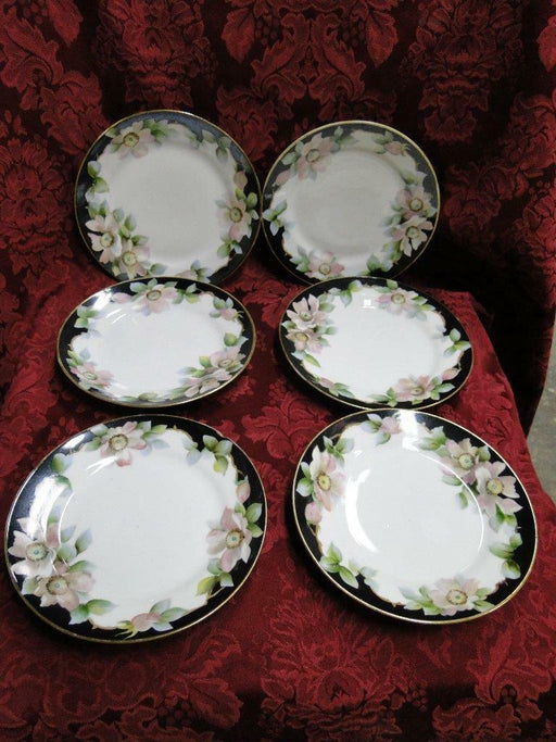Noritake Nippon Pink / White Flowers, Black Edge: Cake Plate & 6 Plate Set