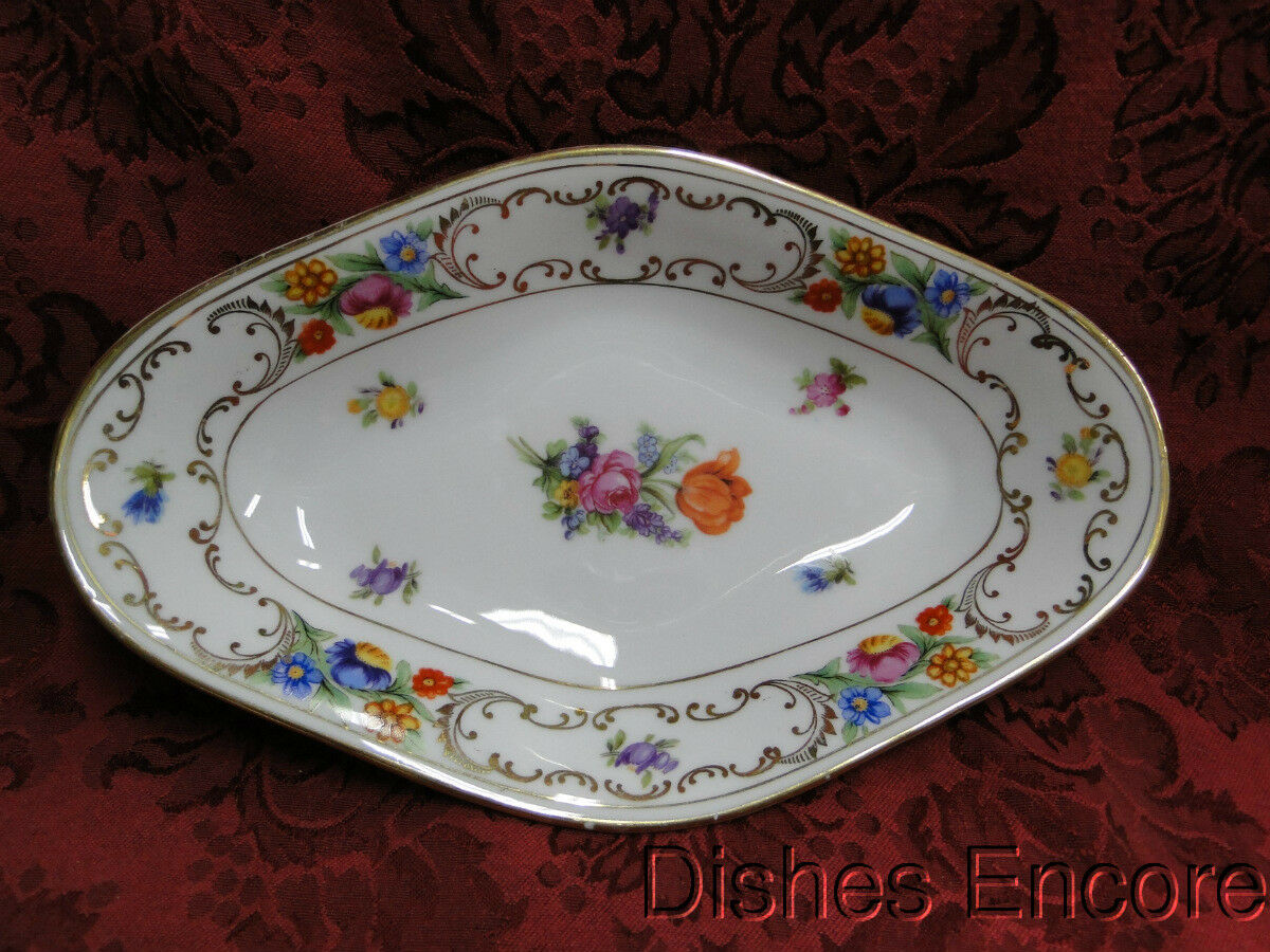 Dresden Style Royal, Floral & Gold Scrolls: Diamond Shaped Relish, 9 1/4"