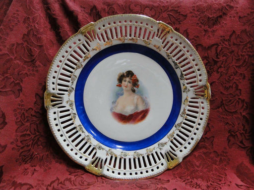White Reticulated Plate w/ Gold Flowers, Blue Band, Lady in Center, 10 1/2"