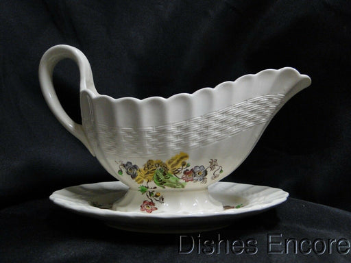 Spode Wicker Lane, Basket Weave, Florals: Gravy Boat w/ Attached Underplate