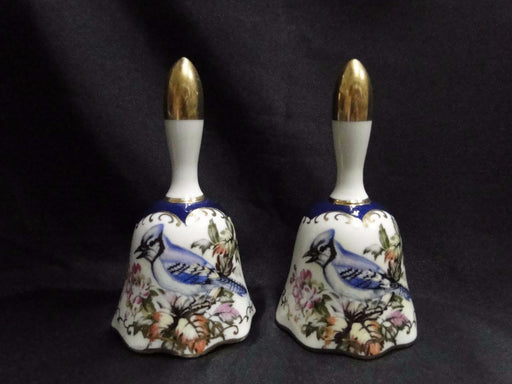 White w/ a Blue Jay, Flowers, Cobalt Blue & Gold Accents: Pair of Bells, 5 1/4"