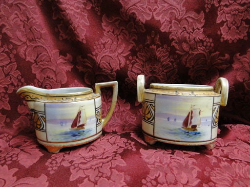 Noritake Nippon Sailboat Scene, Gold Trim: Sugar Bowl & Creamer Set