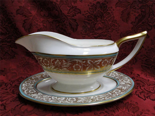 Minton Hanover, Leaves & Flowers on Gold, Turquoise: Gravy Boat w/ Underplate