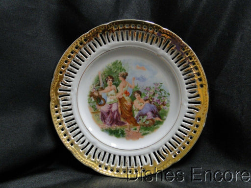 White Reticulated Plate w/ Scene of 3 Ladies in Garden, Gold Trim, 8 1/8"