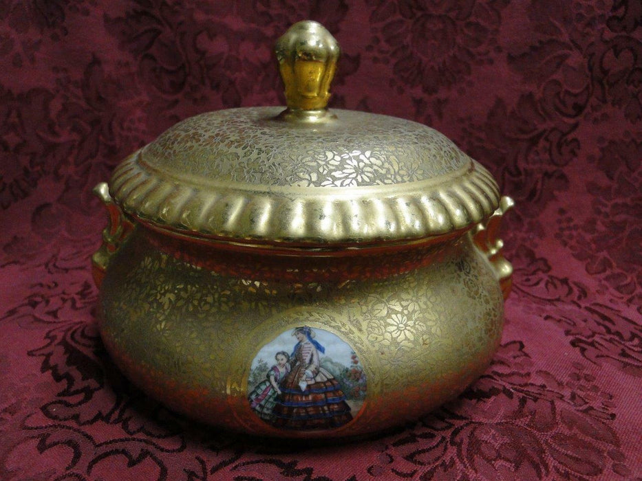 Gold Candy Jar w/ Lid, Cameo of Woman and Girl, 5 1/4" Tall