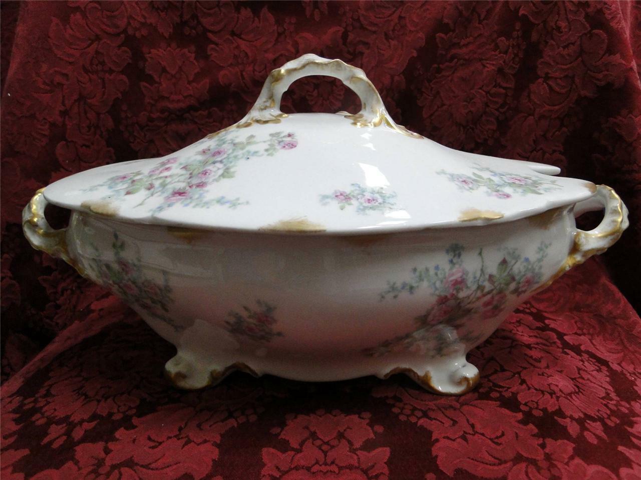 Wm Guerin, Limoges, Pink Roses, Blue, Green: Oval Tureen w/ Lid, As Is