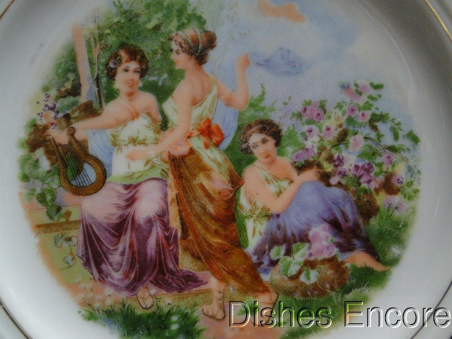 White Reticulated Plate w/ Scene of 3 Ladies in Garden, Gold Trim, 8 1/8"