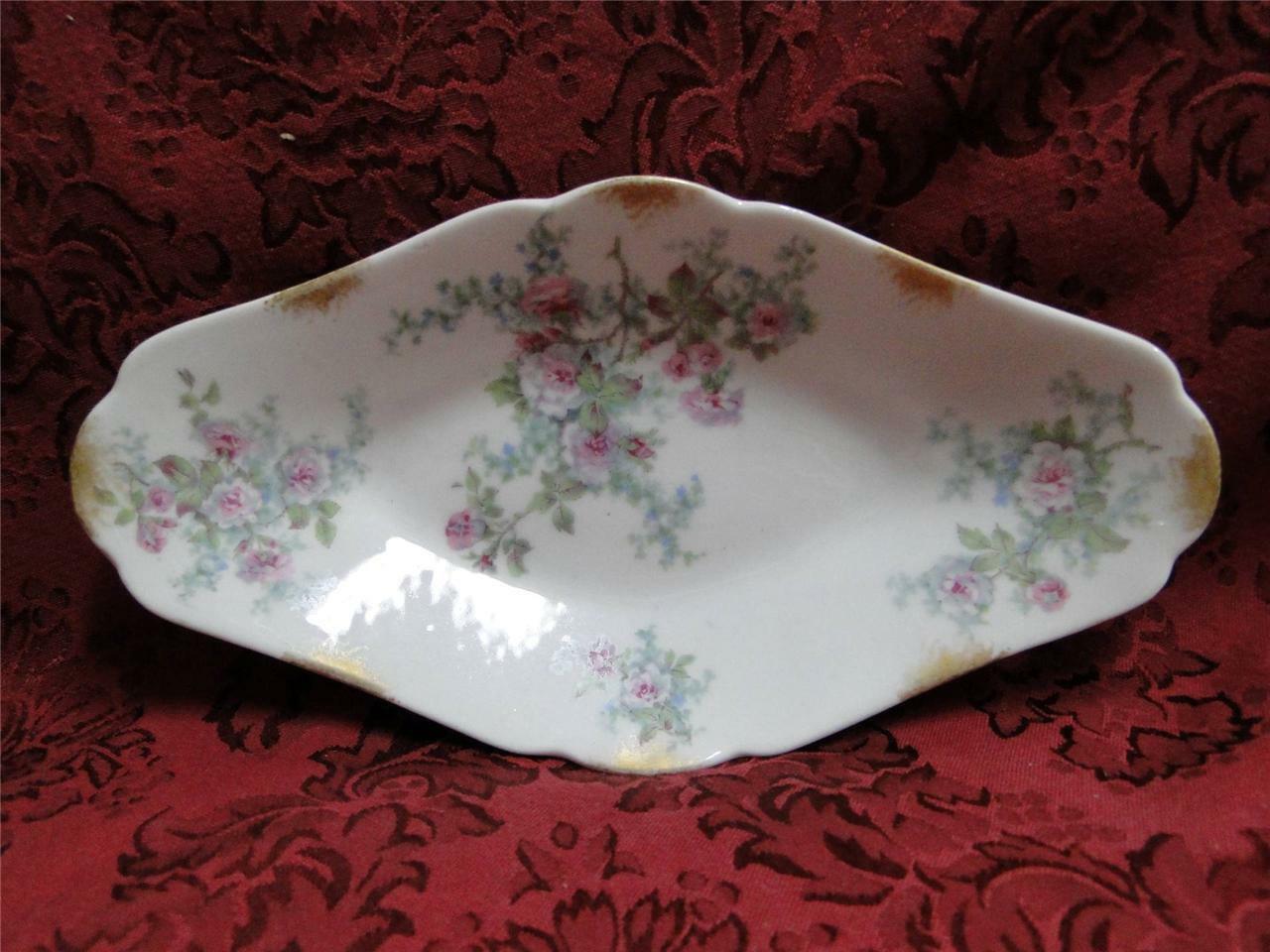 Wm Guerin, Limoges, Pink Roses, Blue, Green: Relish Dish, 9 1/2" x 5"