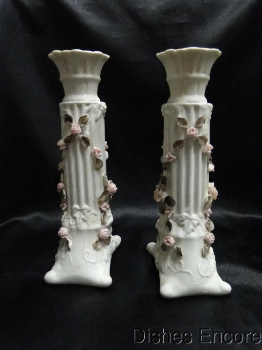 Antique Pair (2) of 8" Candlesticks, Arrow Backstamp, Roses & Leaves -- As Is