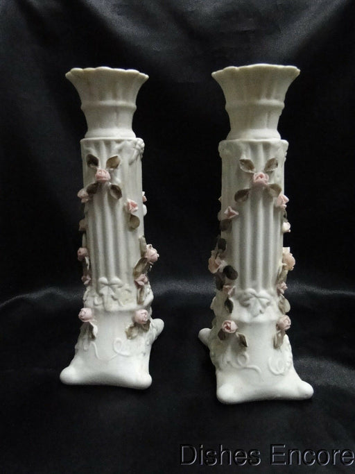 Antique Pair (2) of 8" Candlesticks, Arrow Backstamp, Roses & Leaves -- As Is