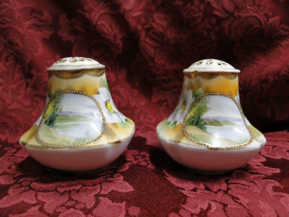 Nippon Hand Painted Lake Scene w/ White Flowers: Salt & Pepper Shaker Set, 2.5"