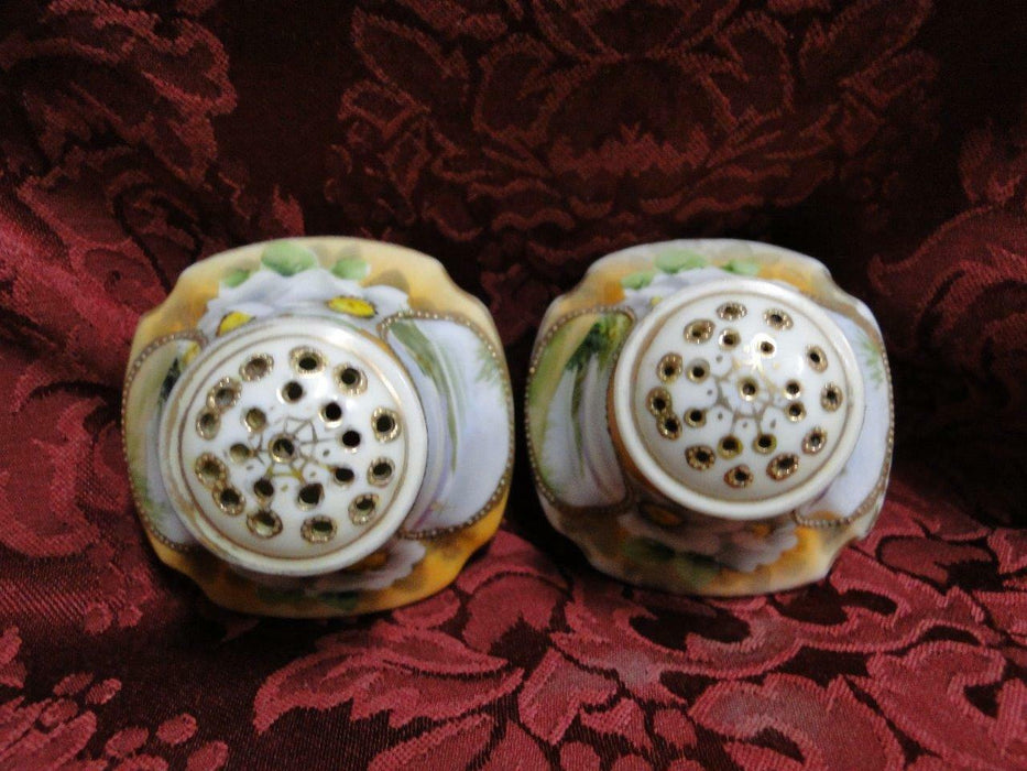Nippon Hand Painted Lake Scene w/ White Flowers: Salt & Pepper Shaker Set, 2.5"
