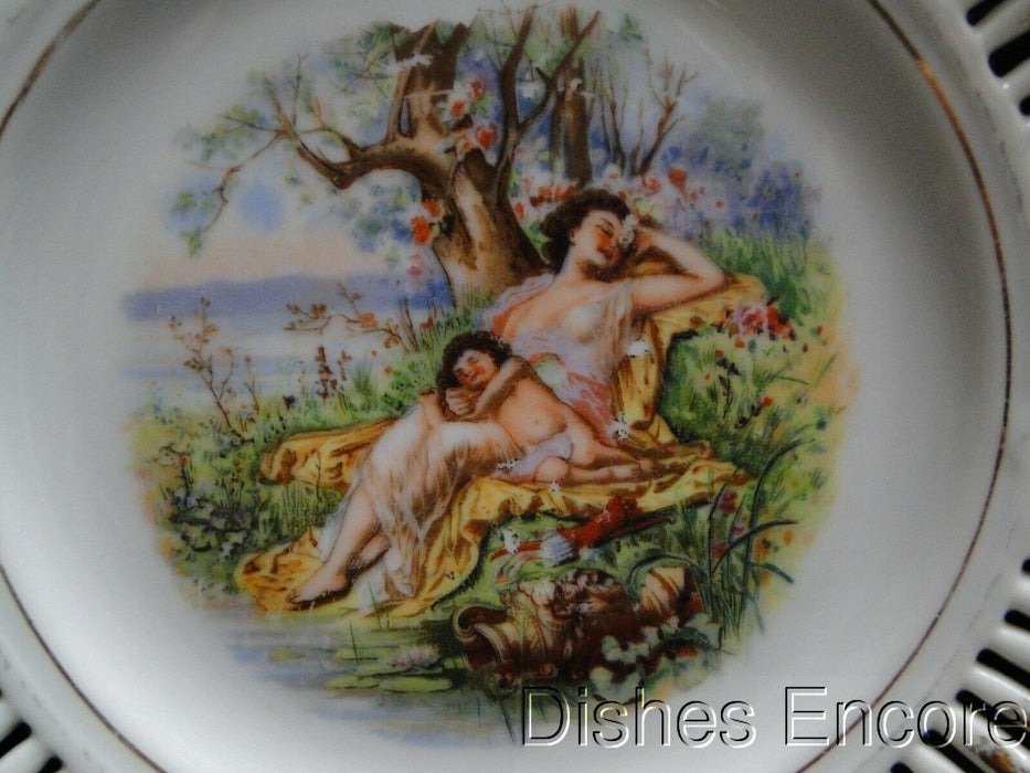 White Reticulated Plate w/ Scene of Mother and Child Sleeping, Gold Trim, 8 1/8"