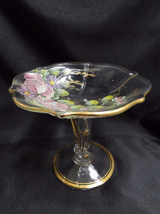 Handpainted Pressed Glass Floral, Gold Trim: Compote, 5 1/2" Tall - MG#241