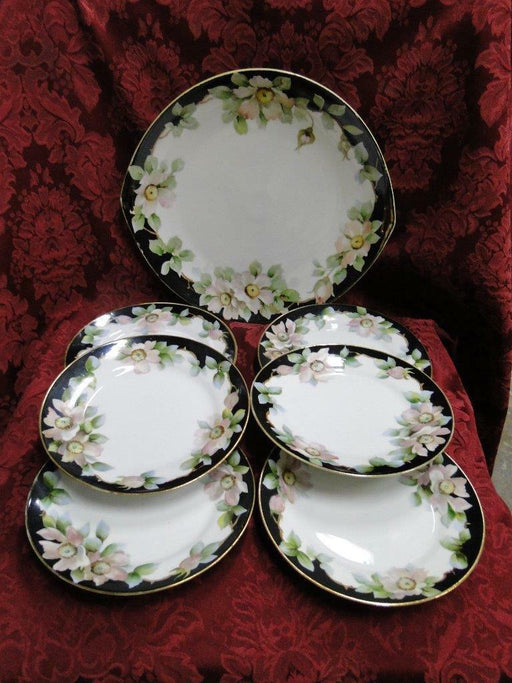 Noritake Nippon Pink / White Flowers, Black Edge: Cake Plate & 6 Plate Set
