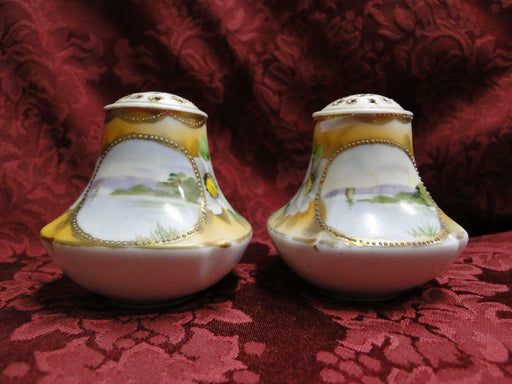 Nippon Hand Painted Lake Scene w/ White Flowers: Salt & Pepper Shaker Set, 2.5"