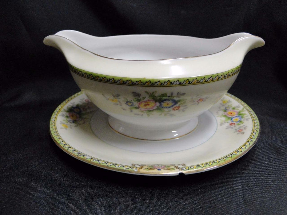Meito Floral w/ Green Trim, Gold Edge: Gravy Boat w/Attached Underplate, As Is
