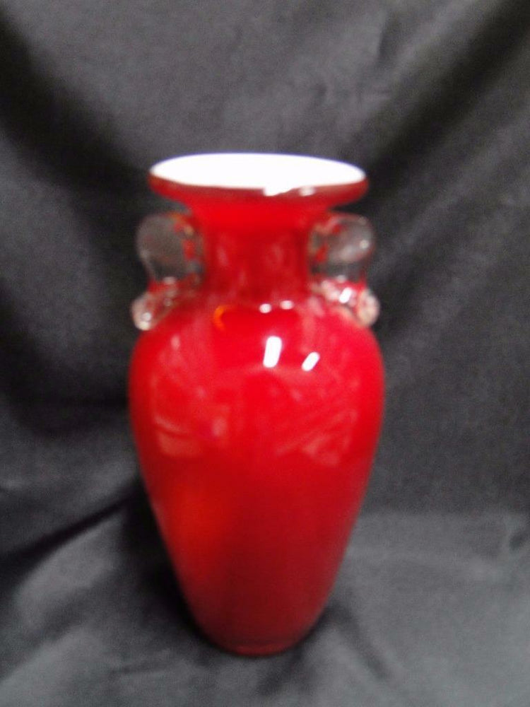 Red Glass Vase w/ Clear Handles, White Inside, 8" Tall - MG#103