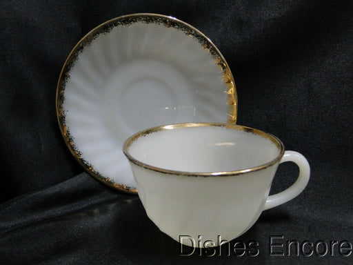 Anchor Hocking Swirl Golden Anniversary Milk Glass w/Gold Trim: Cup & Saucer Set