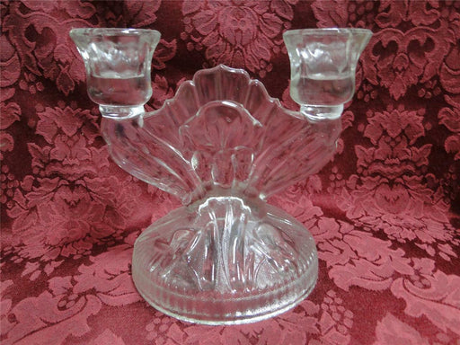 Jeannette Glass Iris & Herringbone Clear: Double Candlestick (s), 6"