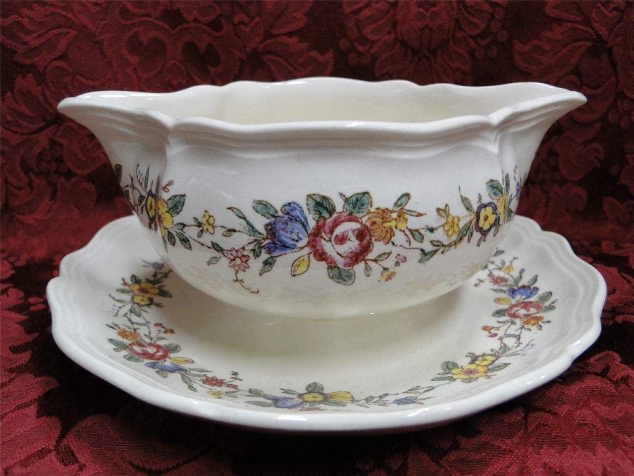 Royal Doulton Leighton, Florals, Red Ribbon: Gravy Boat w/ Attached Plate