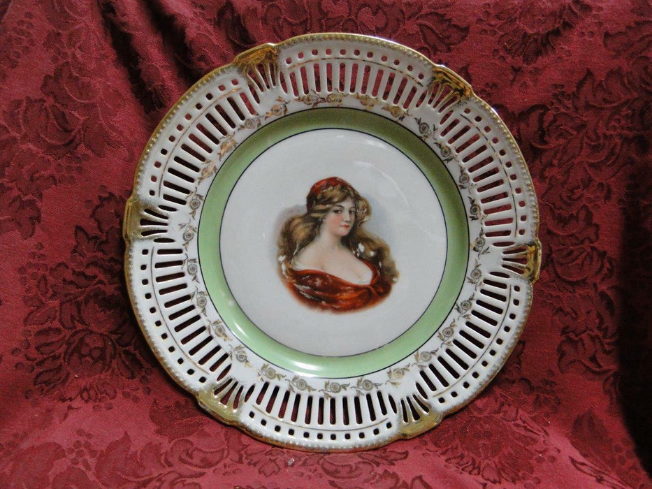 White Reticulated Plate w/ Gold Flowers, Green Band, Lady in Center, 10 1/2"