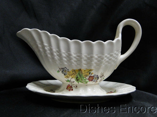 Spode Wicker Lane, Basket Weave, Florals: Gravy Boat w/ Attached Underplate