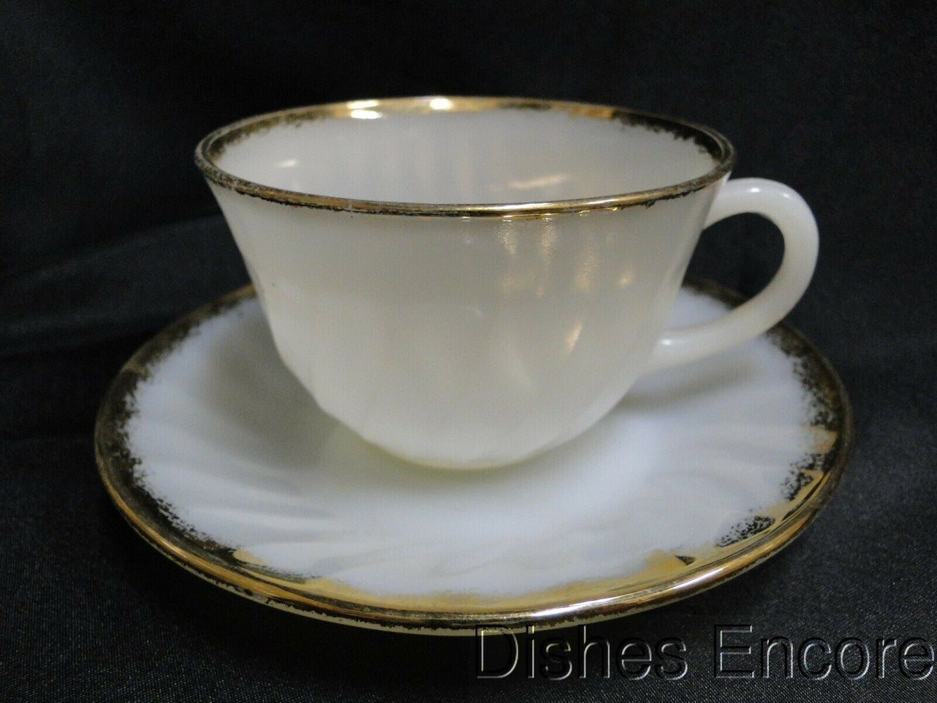 Anchor Hocking Swirl Golden Anniversary Milk Glass w/Gold Trim: Cup & Saucer Set