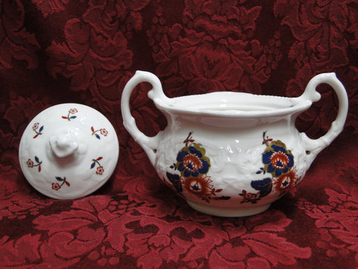 Coalport St Louis, White w/ Blue, Rust, Gold: Sugar Bowl & Lid, 3 3/4" Tall