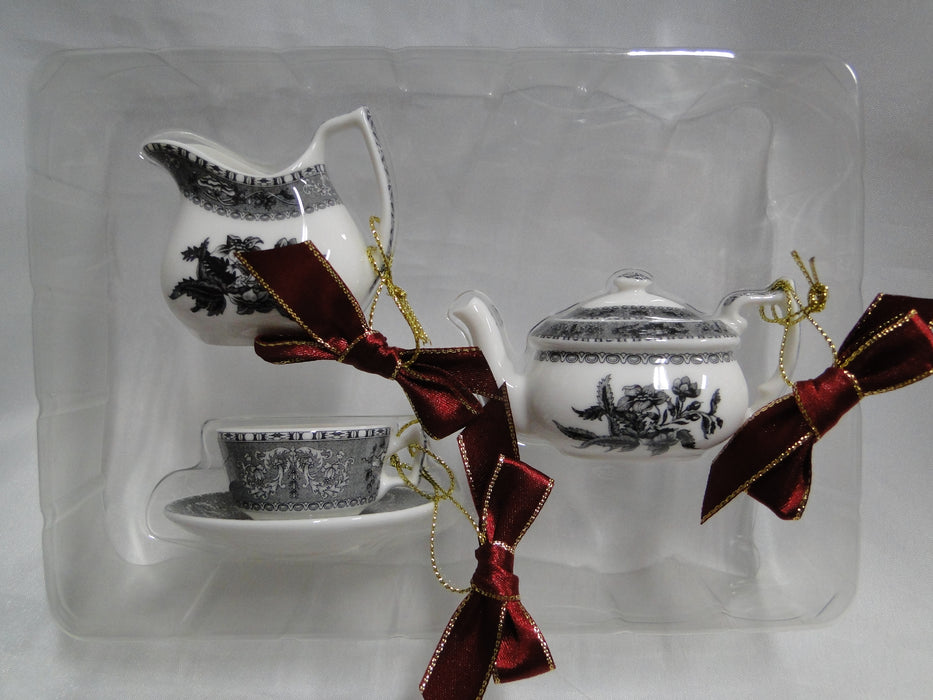 Spode Heritage Black: NEW Tea Set Mini Ornaments, Teapot, Creamer, Cup, Box