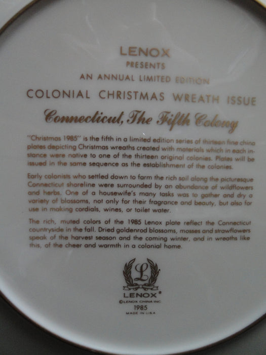 Lenox Colonial Christmas Wreath: 1985 Connecticut Dinner Plate, 10 3/4"