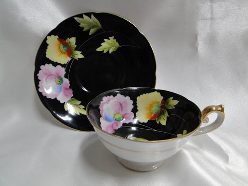 Chugai Black w/ Pink & Yellow Flowers, Gold: Demitasse Cup & Saucer Set (s)