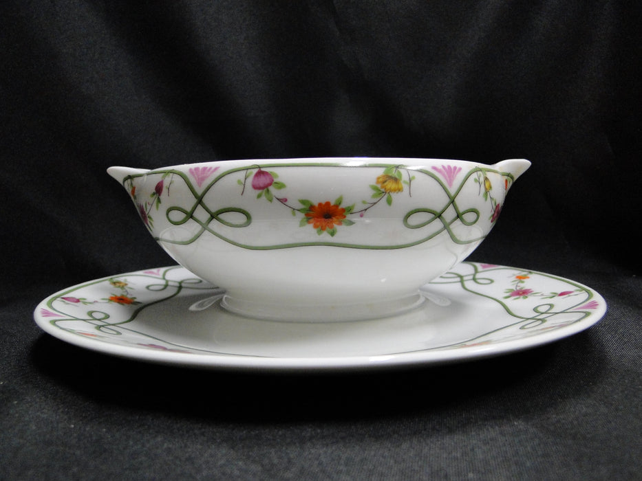 Raynaud Ceralene Guirlandes, Green Line, Flowers: Gravy Boat w/ Attached Plate