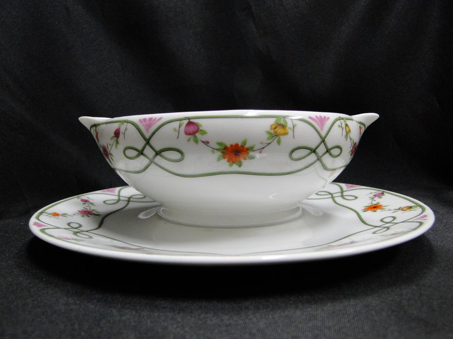 Raynaud Ceralene Guirlandes, Green Line, Flowers: Gravy Boat w/ Attached Plate